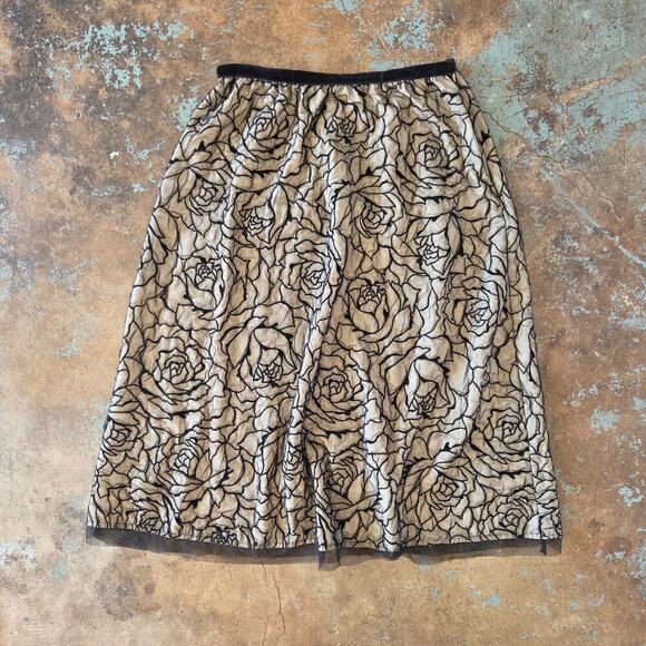 Vintage 90s Y2K Floral Mesh Midi Skirt Size S P Black Roses Whimsygoth Gothic - Picture 1 of 7